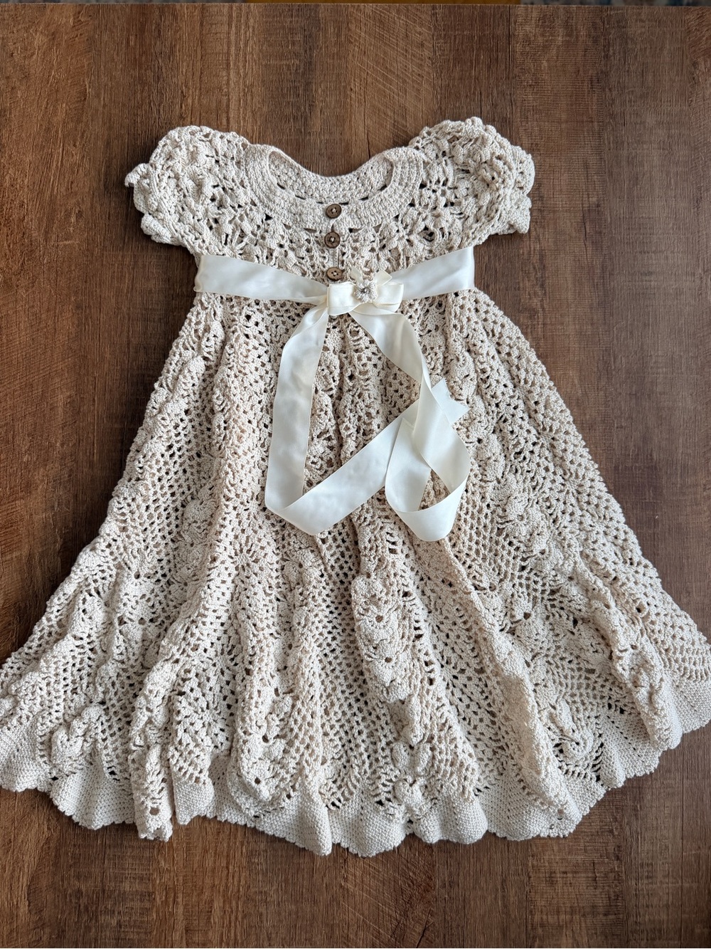 Ivory Crochet Lace Girls' Formal Dress with Satin Belt